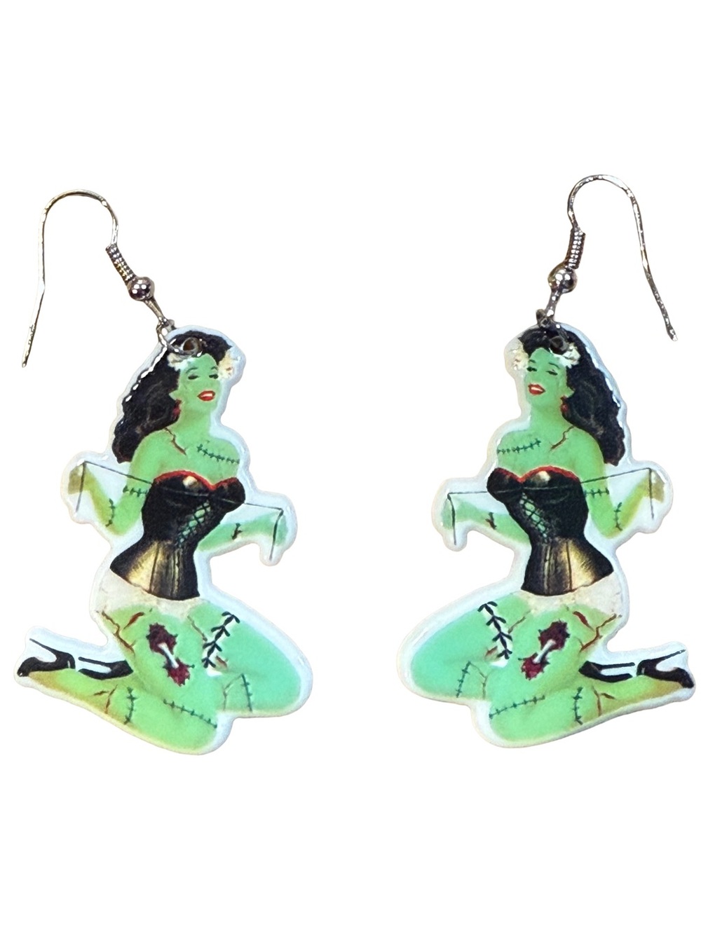 Frankenstein Pin-Up Girl Acrylic Dangle Earrings Horror Gothic Halloween Zombie